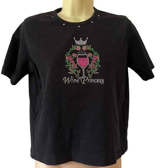 Las Olas Size M Black “Wine Princess “ Embellished Knit Top Boxy Fit Y2K - Picture 1 of 7